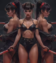 four photos of a very sexy woman with swords