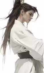 a woman is wearing a white dress and holding her hair back