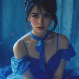 a girl in blue is sitting on the floor