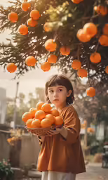 a small girl is holding oranges under the tree