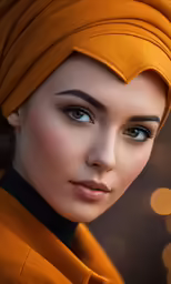 a woman with green eyes is wearing a head wrap