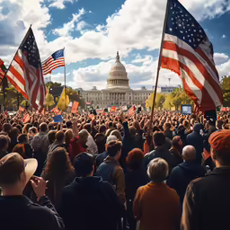 a large crowd of people are holding flags