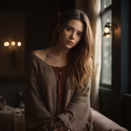 the woman is sitting in a chair with her arms crossed