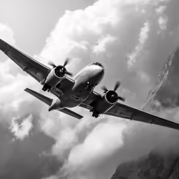 an old plane is flying over the mountain