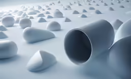 a white abstract background is featured with several white vases