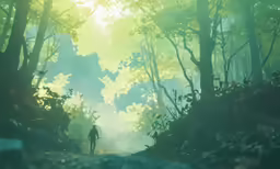 the man is walking in the dark forest