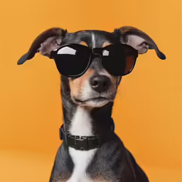 a small dog wearing black sunglasses sitting in front of an orange background