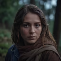 a girl in brown is looking directly into the camera