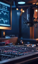 a sound studio with a microphone on the desk