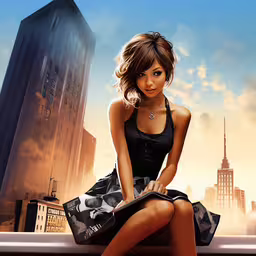 a girl sitting on a ledge looking out onto the city,a girl sitting on top of a ledge holding her purse