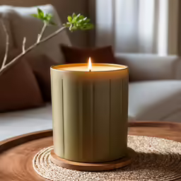 a lit candle sitting on top of a wooden table