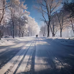 the person is jogging through the trees on the road