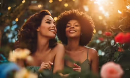 two smiling women in the middle of flowers, looking at something, one of them is pointing to something