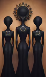 three black mannes with golden accents are in front of a mirror