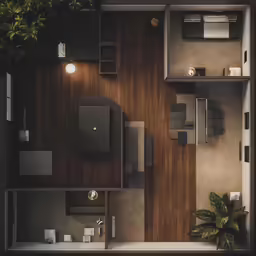 overhead view of a modern living area in wood