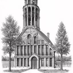 black and white picture of the corner building with trees