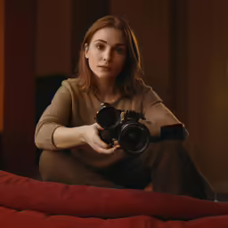 a woman holding onto a camera with one hand and sitting down