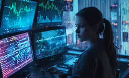 a woman is in front of multiple computer screens and monitors
