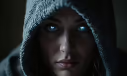 a young woman with blue eyes wearing a hooded sweater