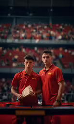 two men holding pizza boxes in front of a crowded arena