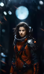 a woman in an orange space suit with a helmet and large eye