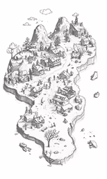 a black and white drawing of a city with houses