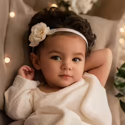 a little girl in a white dress wrapped up in a blanket, sitting on a chair