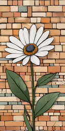 a painted white flower sits on the edge of a wall,white daisy flower on red brick wall background