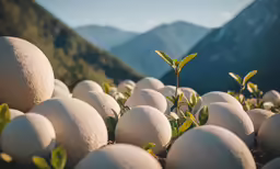 a close up view of a field with many eggs