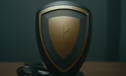 a black, gold and silver shield with an eyepiece on top