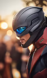 a man wearing a helmet is looking at something