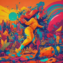 the poster for an upcoming project of adobe paint,a poster of a person with red hair running through a garden