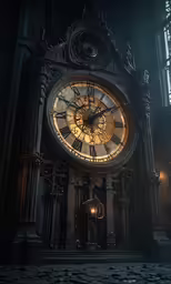 an ornate and gold clock in a dark cathedral