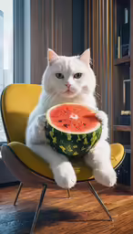 the white cat is holding a watermelon on its paws
