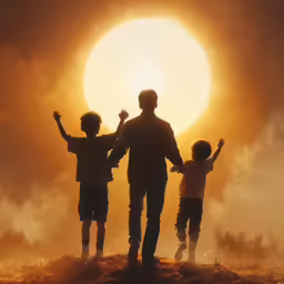 the silhouette of three children in front of a sun