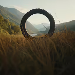 an image of a tire in the grass with mountains and water