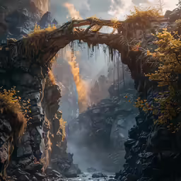 a river runs under a bridge in a fantasy landscape