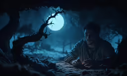 the wolf man is in a forest with a glowing light
