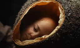 the head of a young child wrapped in a blanket