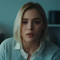 a young blond woman looks into the camera