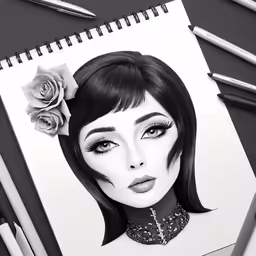 a drawing of a lady with roses on her head and a rose in her hair