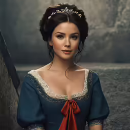 a beautiful woman wearing a blue dress with a red sash around her neck