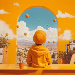 a man with a yellow outfit on sitting in front of an arch