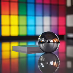 a silver sphere sitting next to a colored building