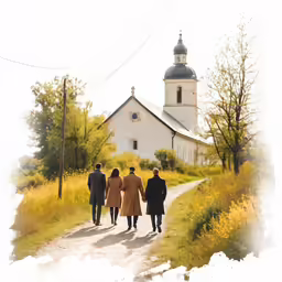 three people are walking down a trail near a church