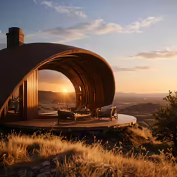 a sunlit area at sunset where there is a living area in the desert