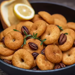 a black bowl with small donuts, fruit and sliced bananas