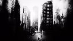 the silhouette of people walking down the street in the city