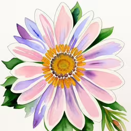 an arrangement of colorful flowers painted with watercolors,a purple and yellow flower with green leaves