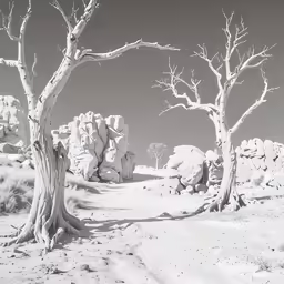 black and white photo of trees in the desert